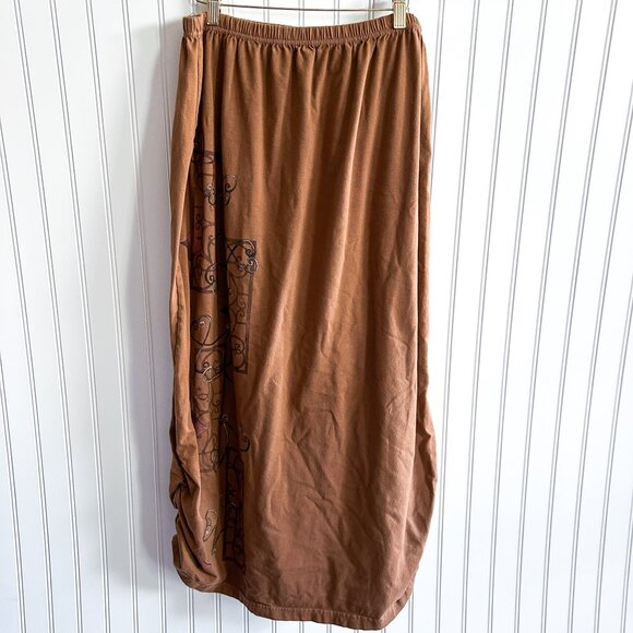 Barclay Blue Fish Lagenlook Brown Graphic Print Ruched Side Midi Skirt Size 2 - Picture 1 of 6